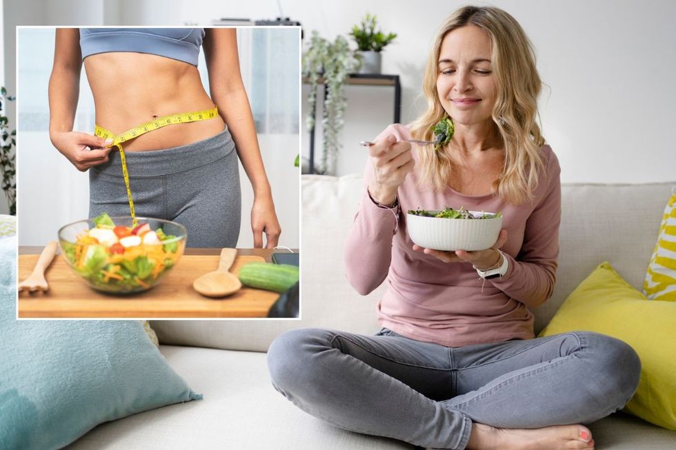 Woman measuring her waist / Woman eating salad