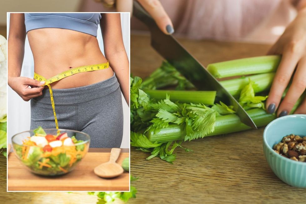 Woman measuring slim waist / Chopping celery