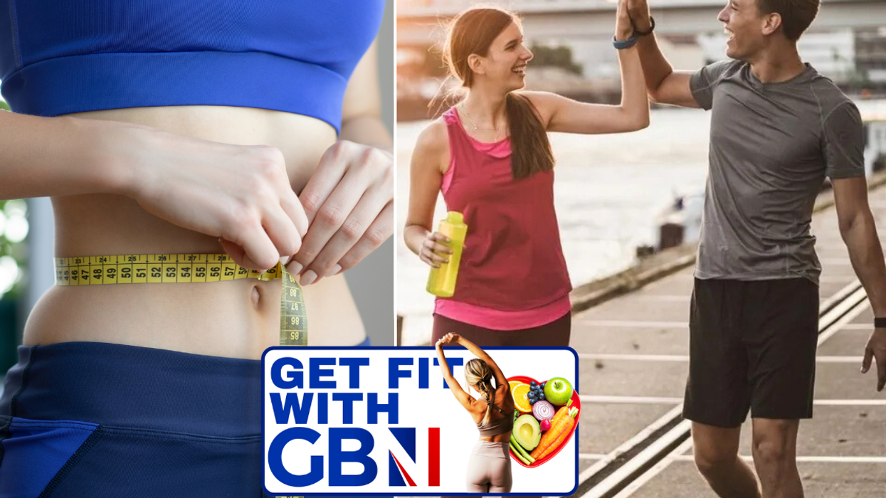 Woman measuring waist / couple walking and high-fiving