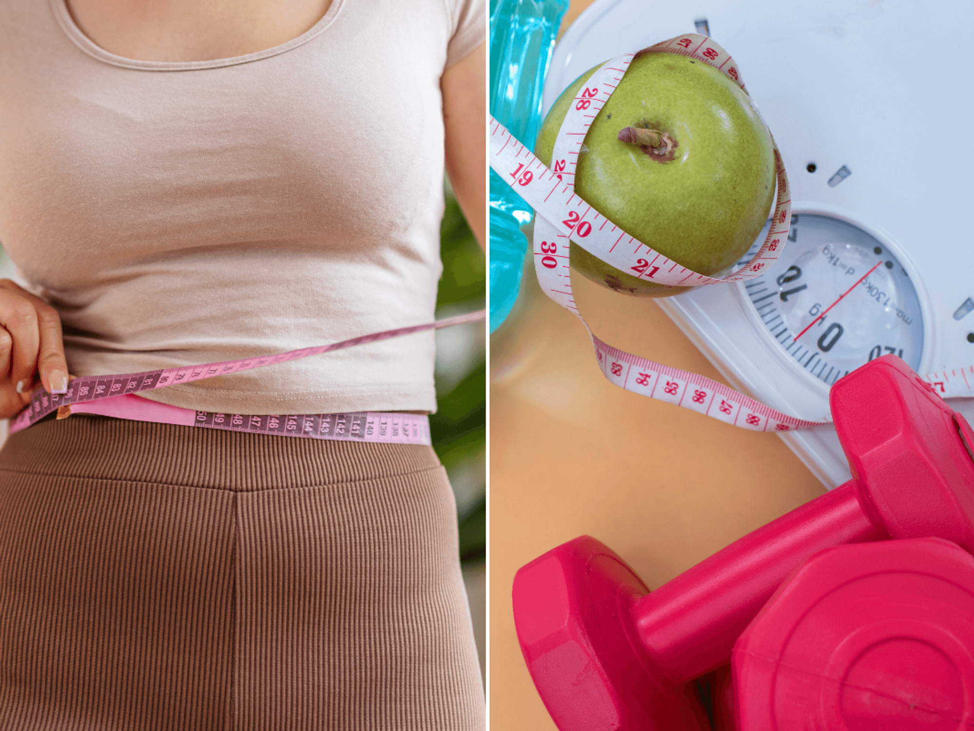 Woman measuring waist / dumbbells
