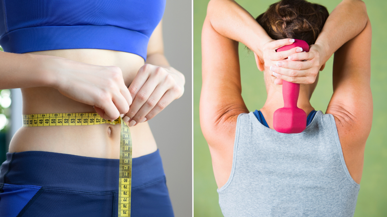 Woman measuring waist / person doing tricep dips with weight