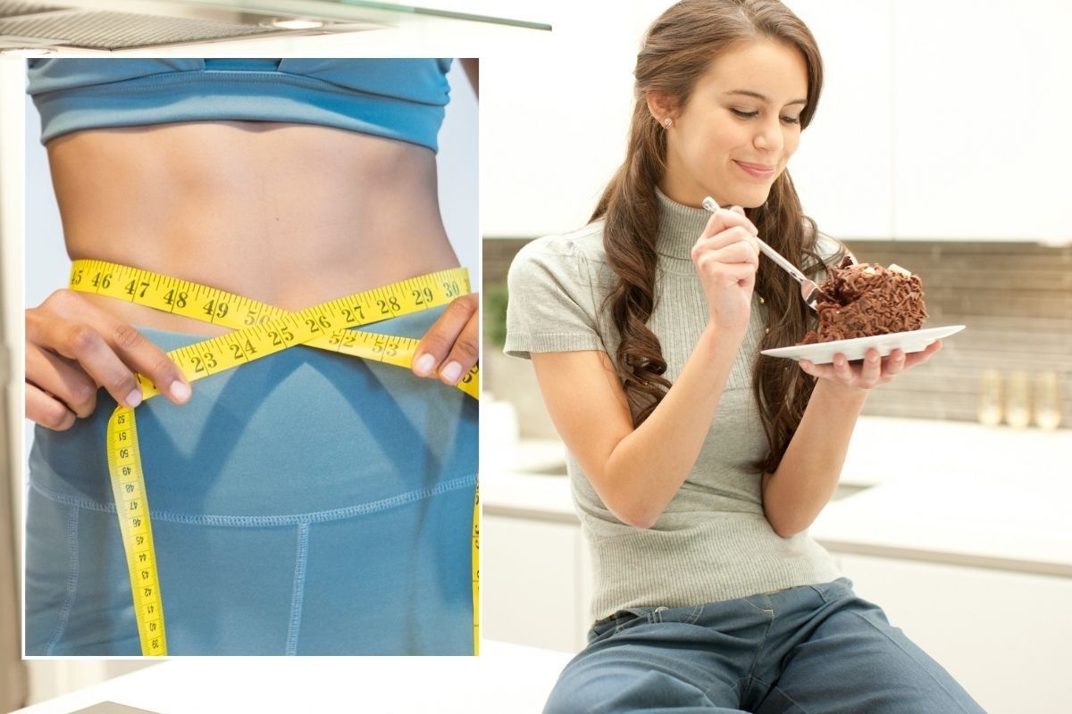 Woman measuring waist / Woman eating cake