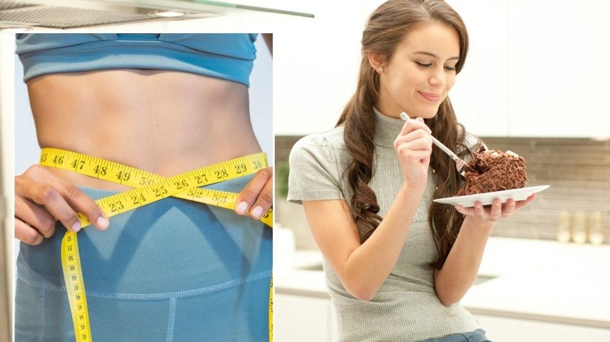 Woman measuring waist / Woman eating cake