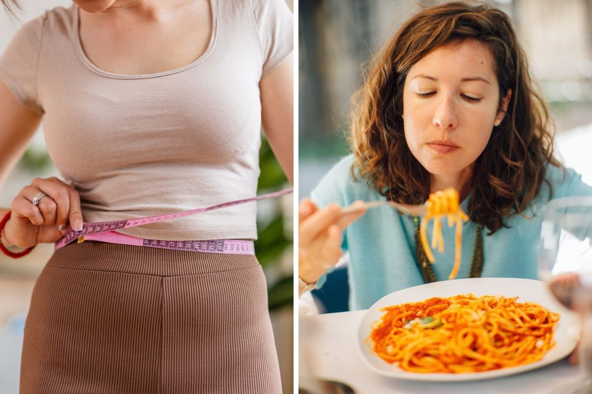 Woman measuring waist / Woman eating pasta