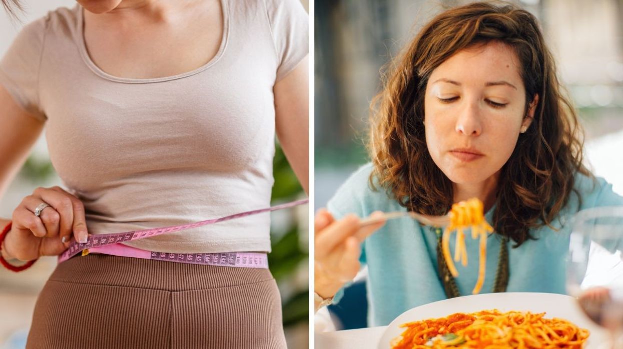 Woman measuring waist / Woman eating pasta