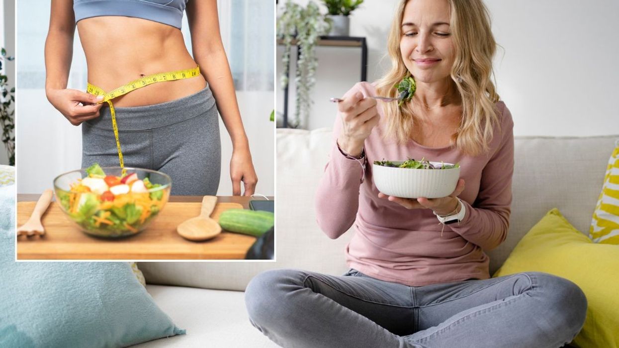 Woman measuring waist / woman eating salad