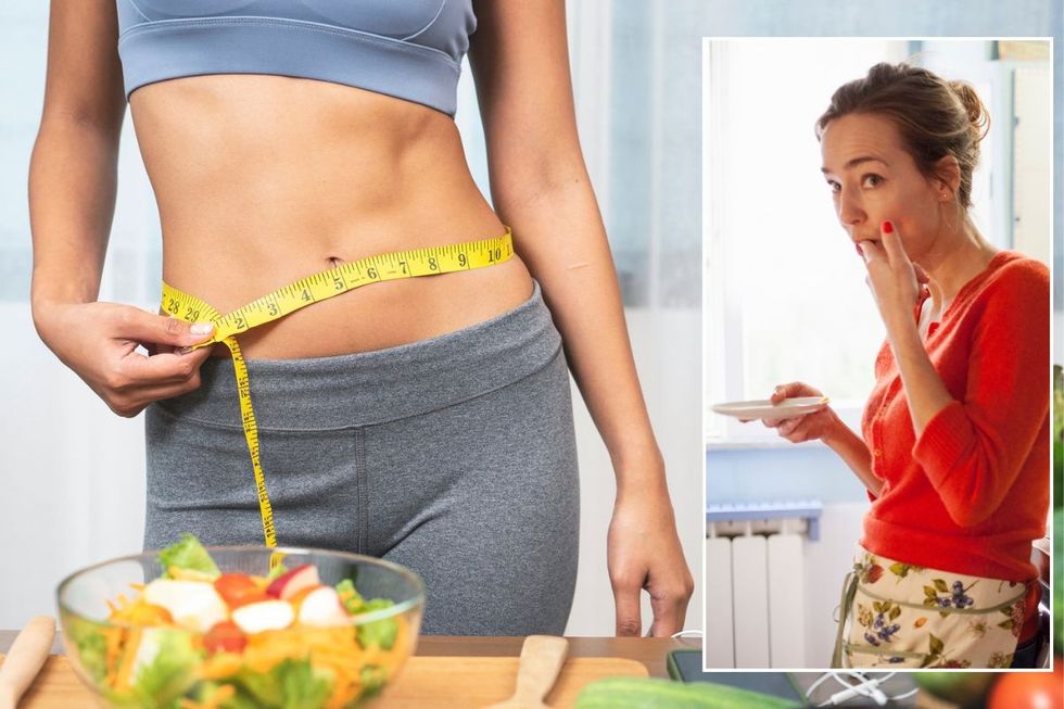 Woman measuring waist / Woman snacking