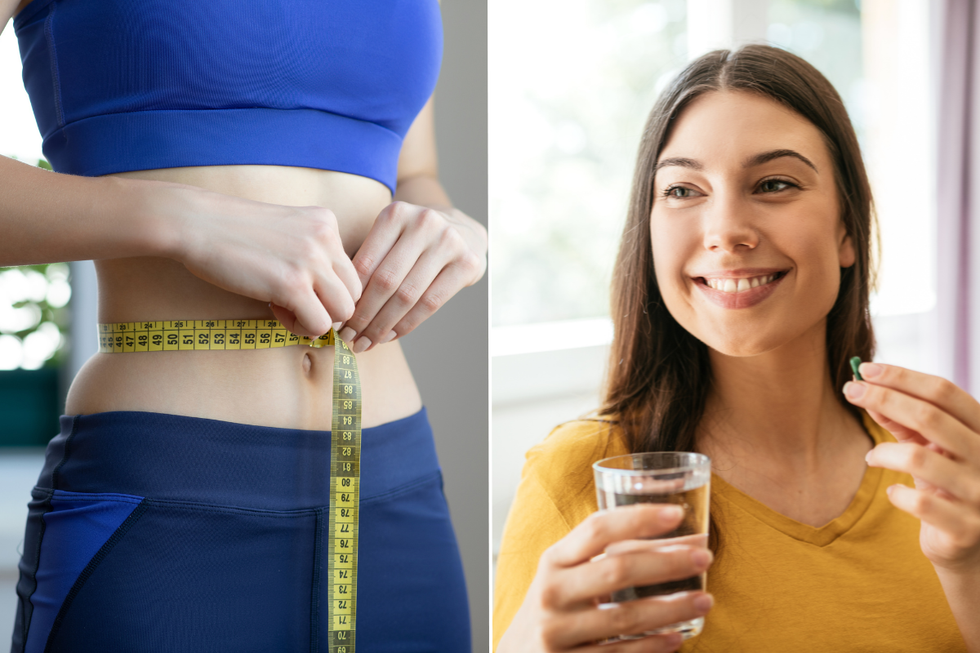 Woman measuring waist / woman taking supplement