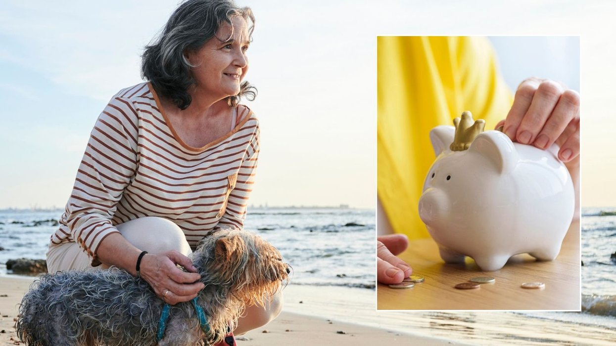 Woman on beach and piggy bank