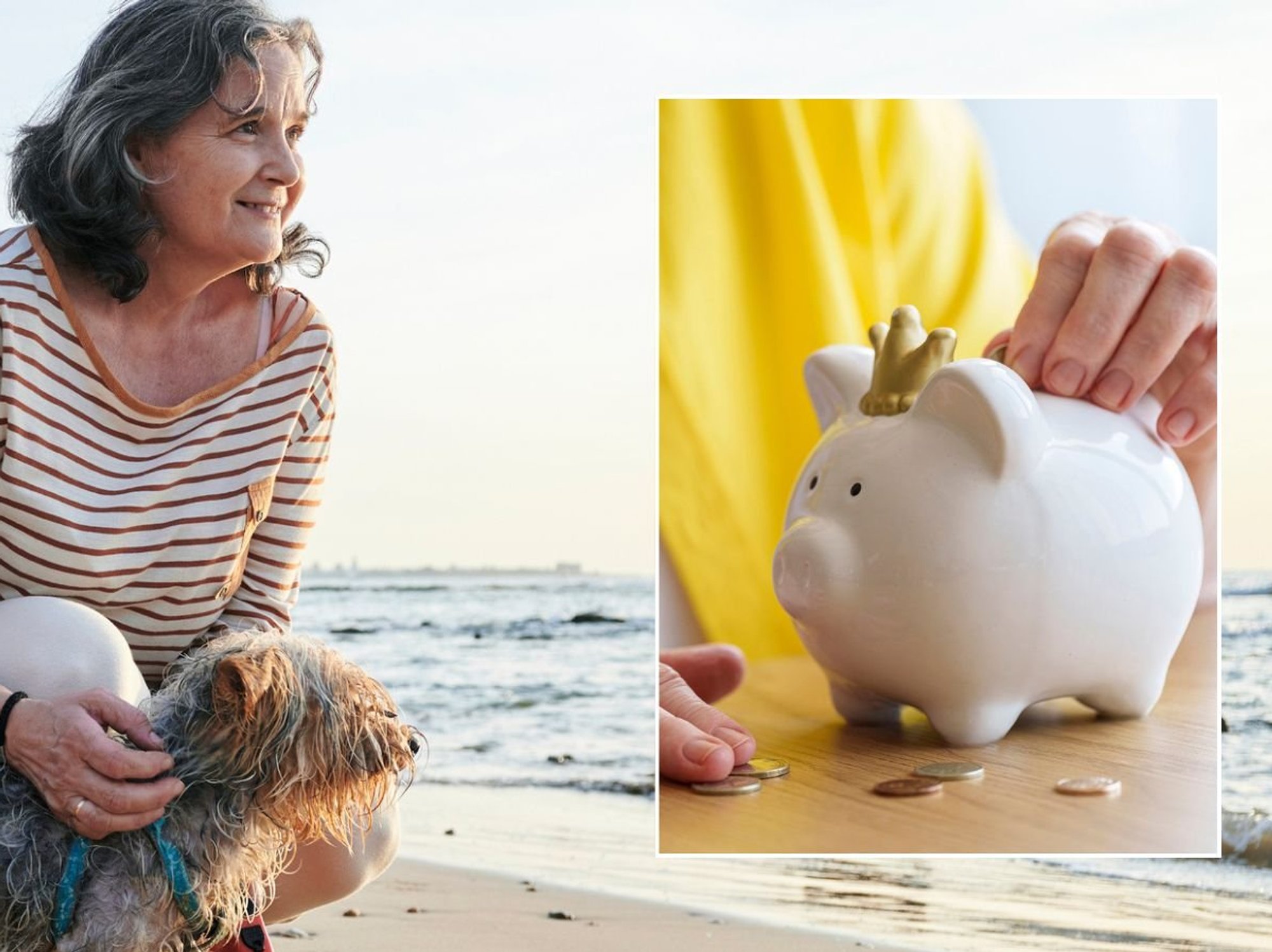 Woman on beach and piggy bank