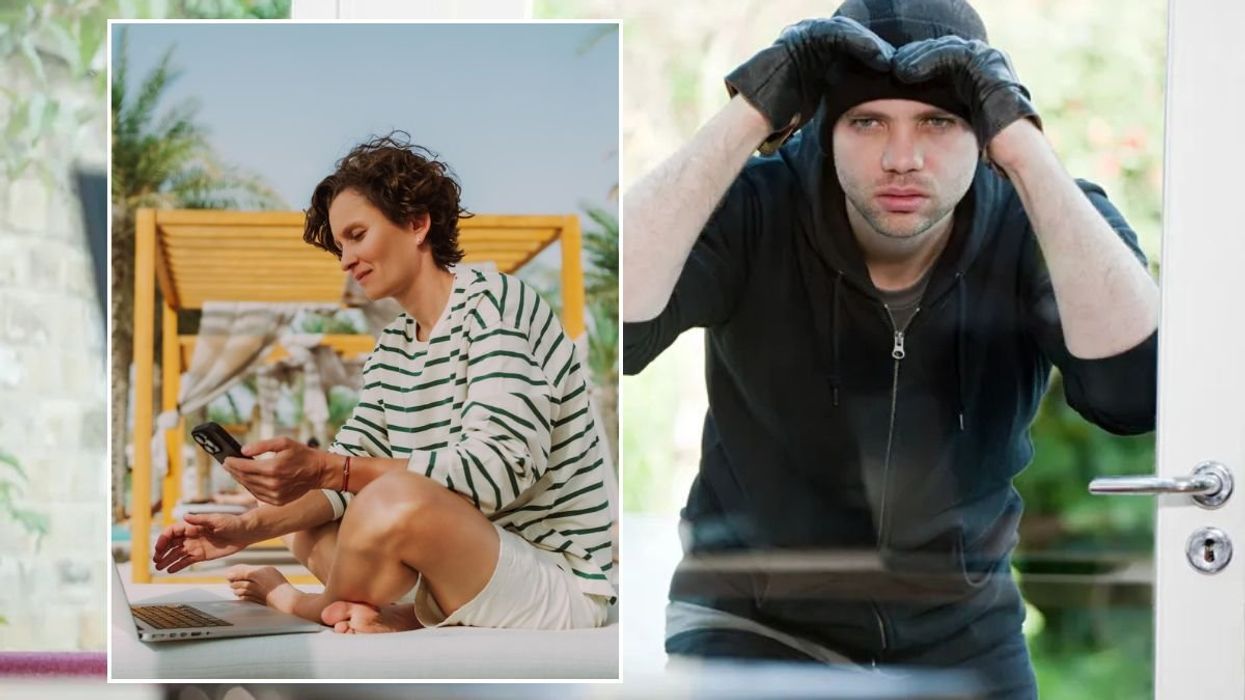 Woman on holiday, using phone and laptop / Burglar looking in window