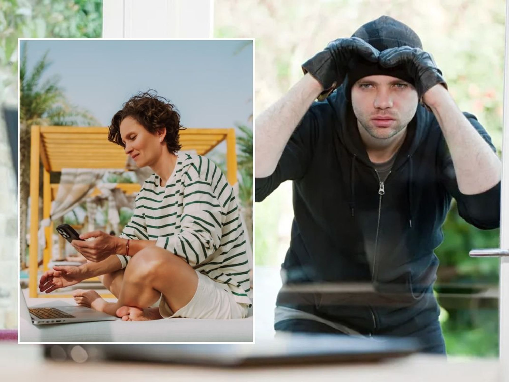 Woman on holiday, using phone and laptop / Burglar looking in window