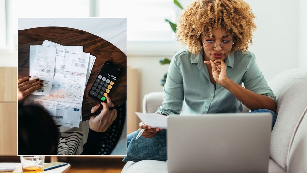 Woman on laptop and person doing finances