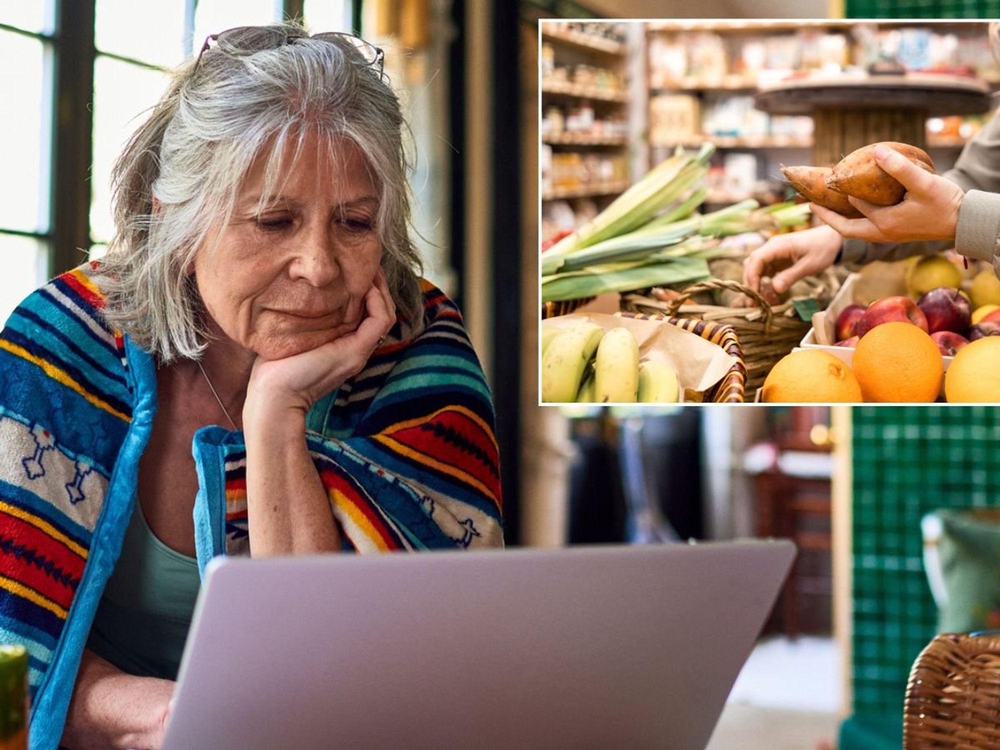 Woman on laptop and supermarket shop