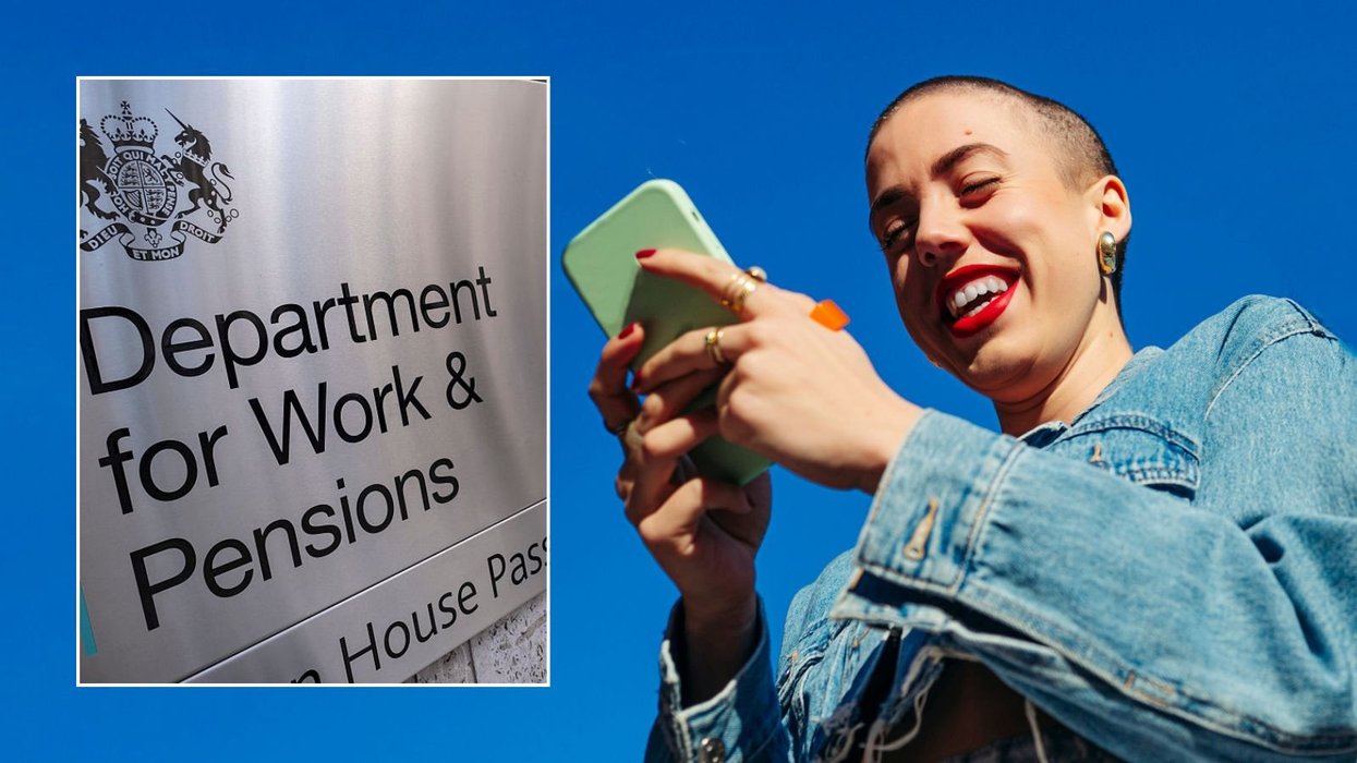 Woman on phone and DWP sign