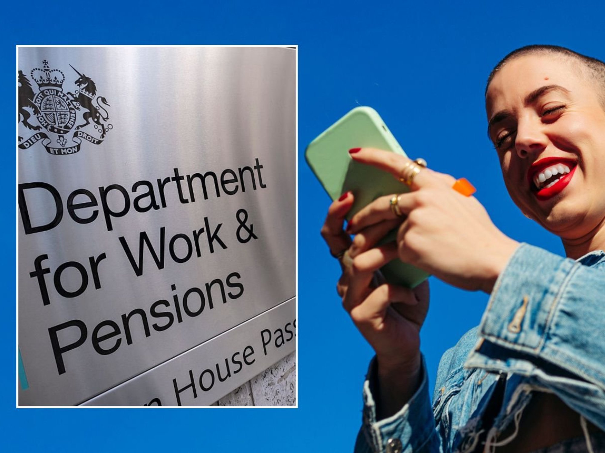 Woman on phone and DWP sign