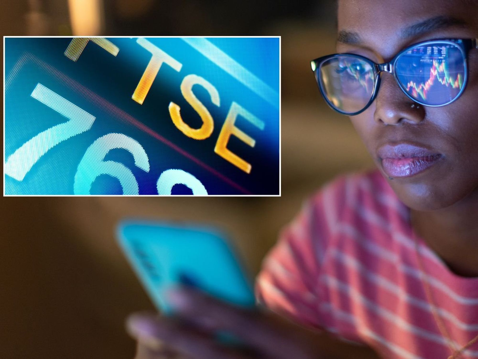 Woman on phone and Ftse sign