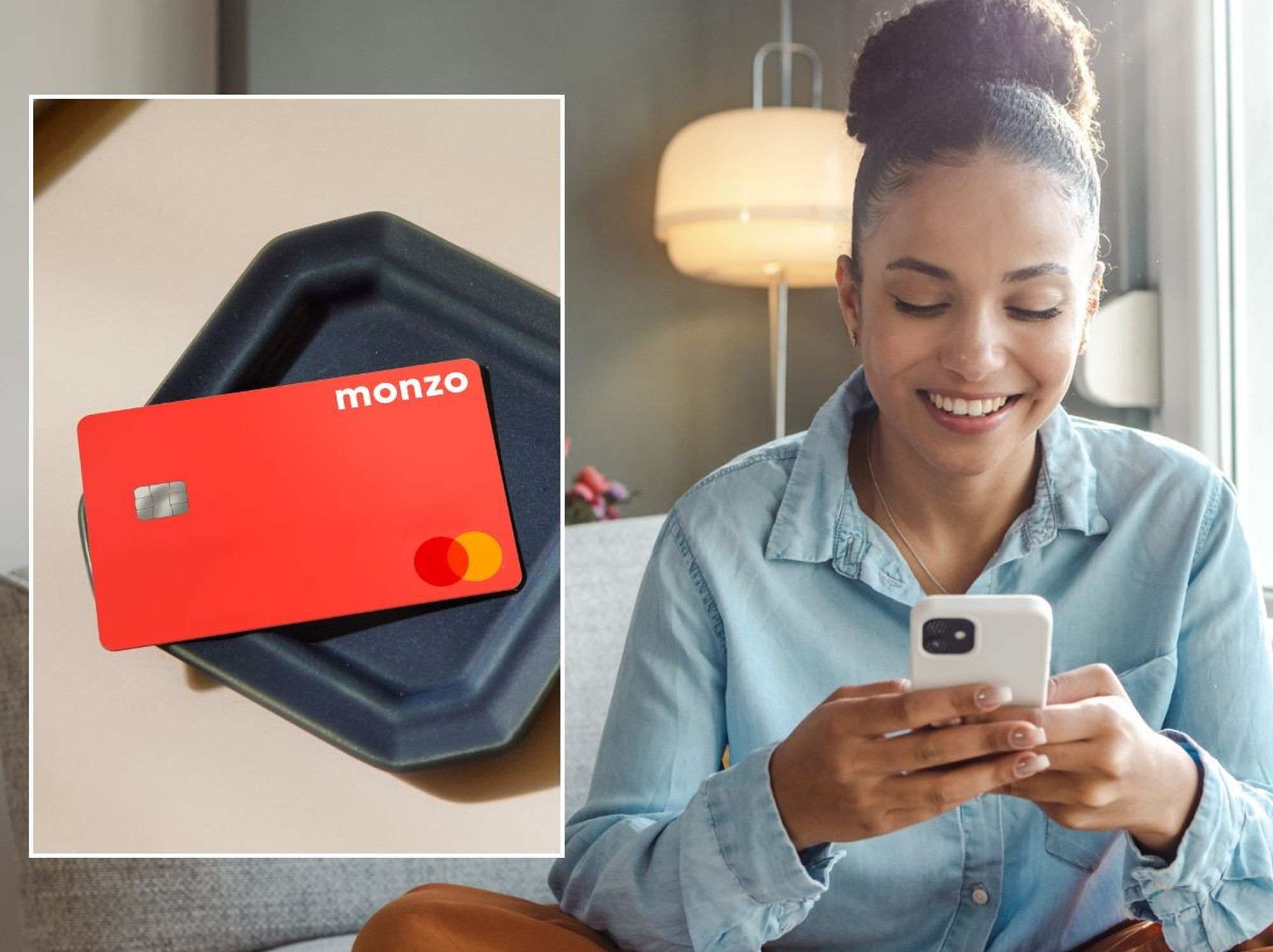 Woman on phone and Monzo card