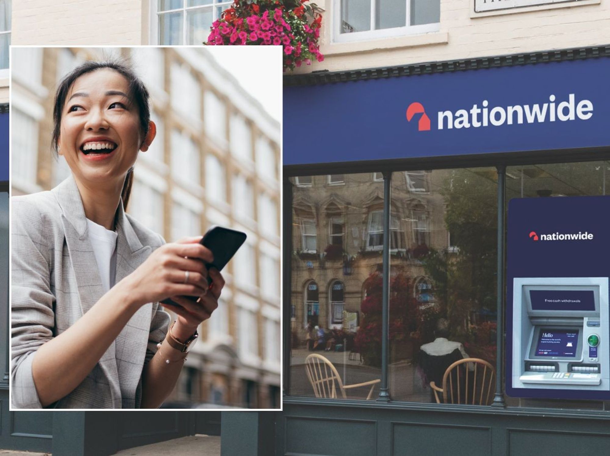 Woman on phone and Nationwide branch