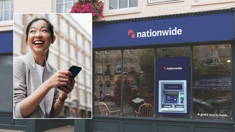 Woman on phone and Nationwide branch