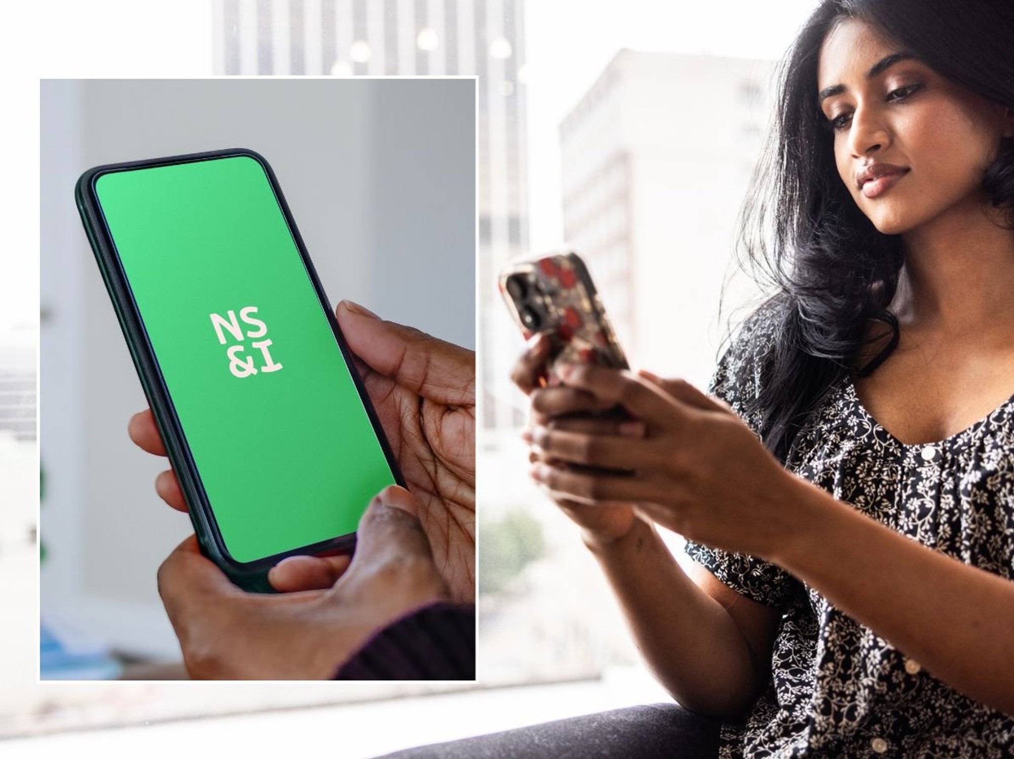 Woman on phone and NS&I logo