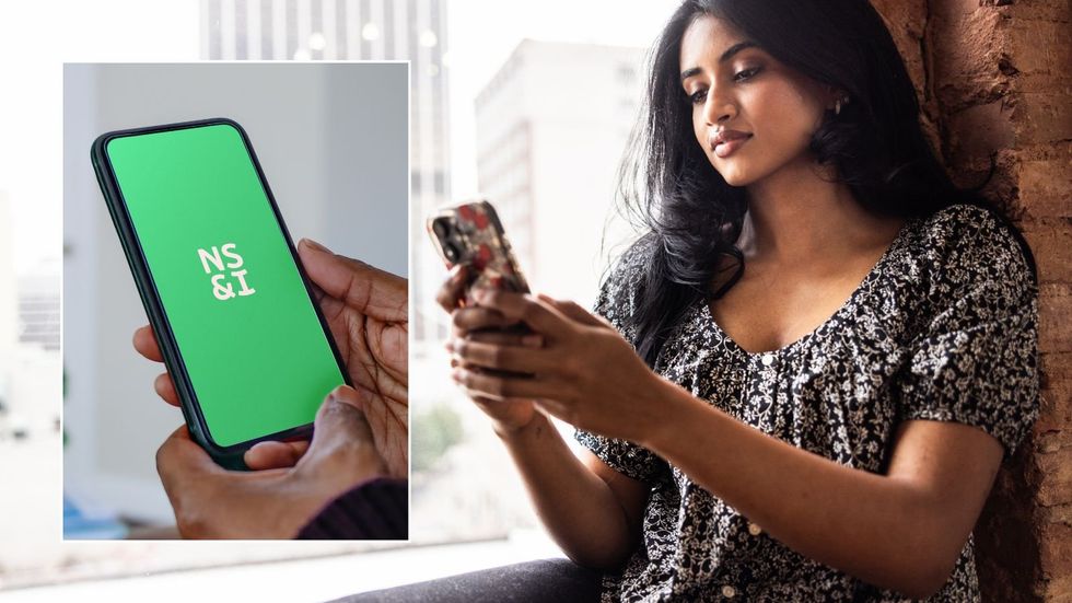 Woman on phone and NS&I logo