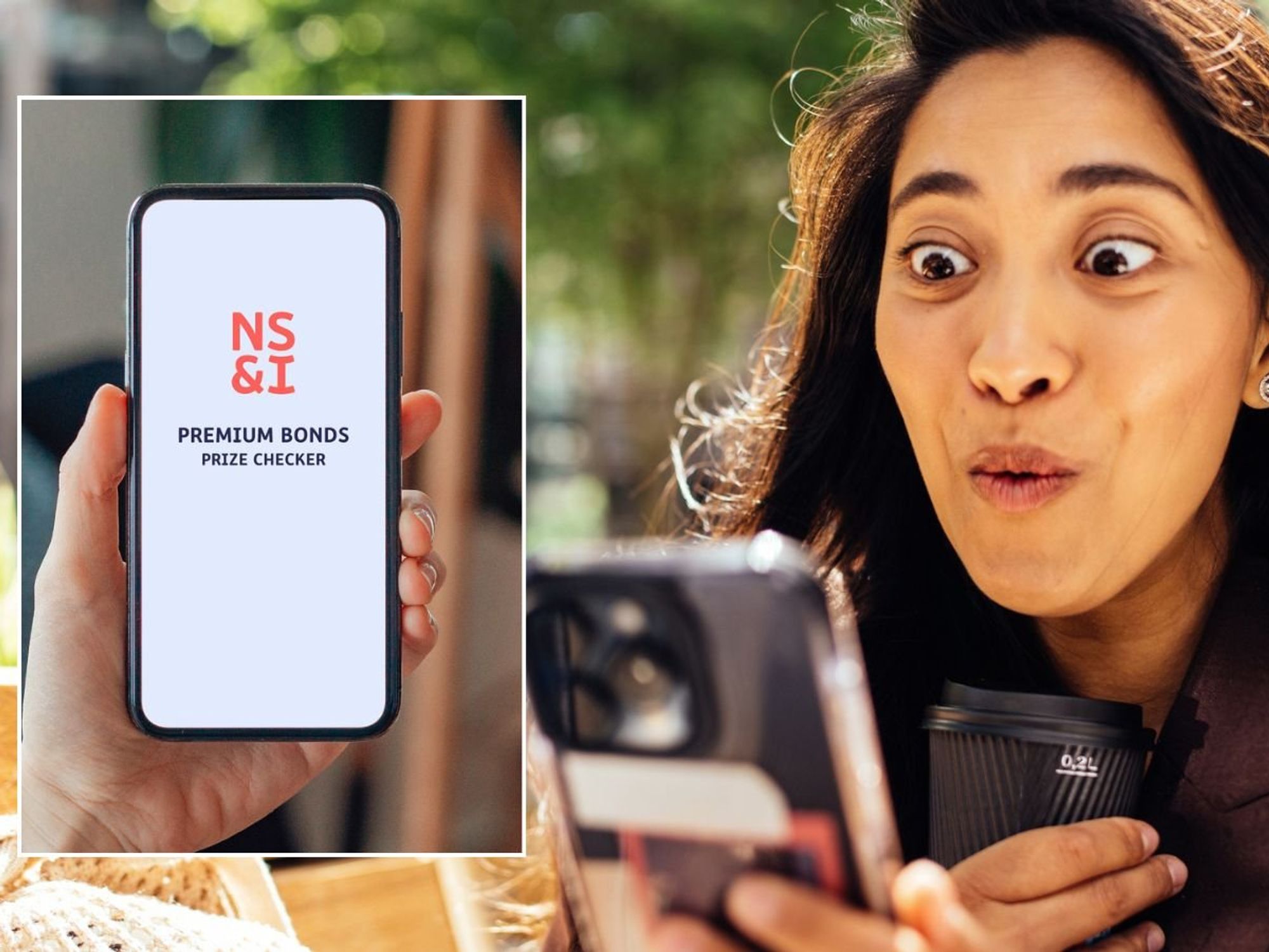 Woman on phone and Premium Bonds checker