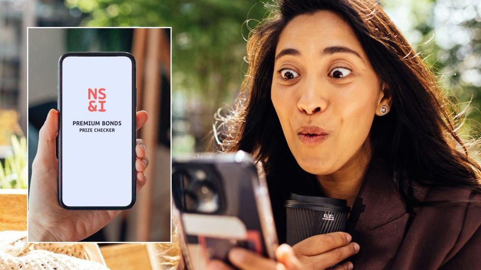 Woman on phone and Premium Bonds checker