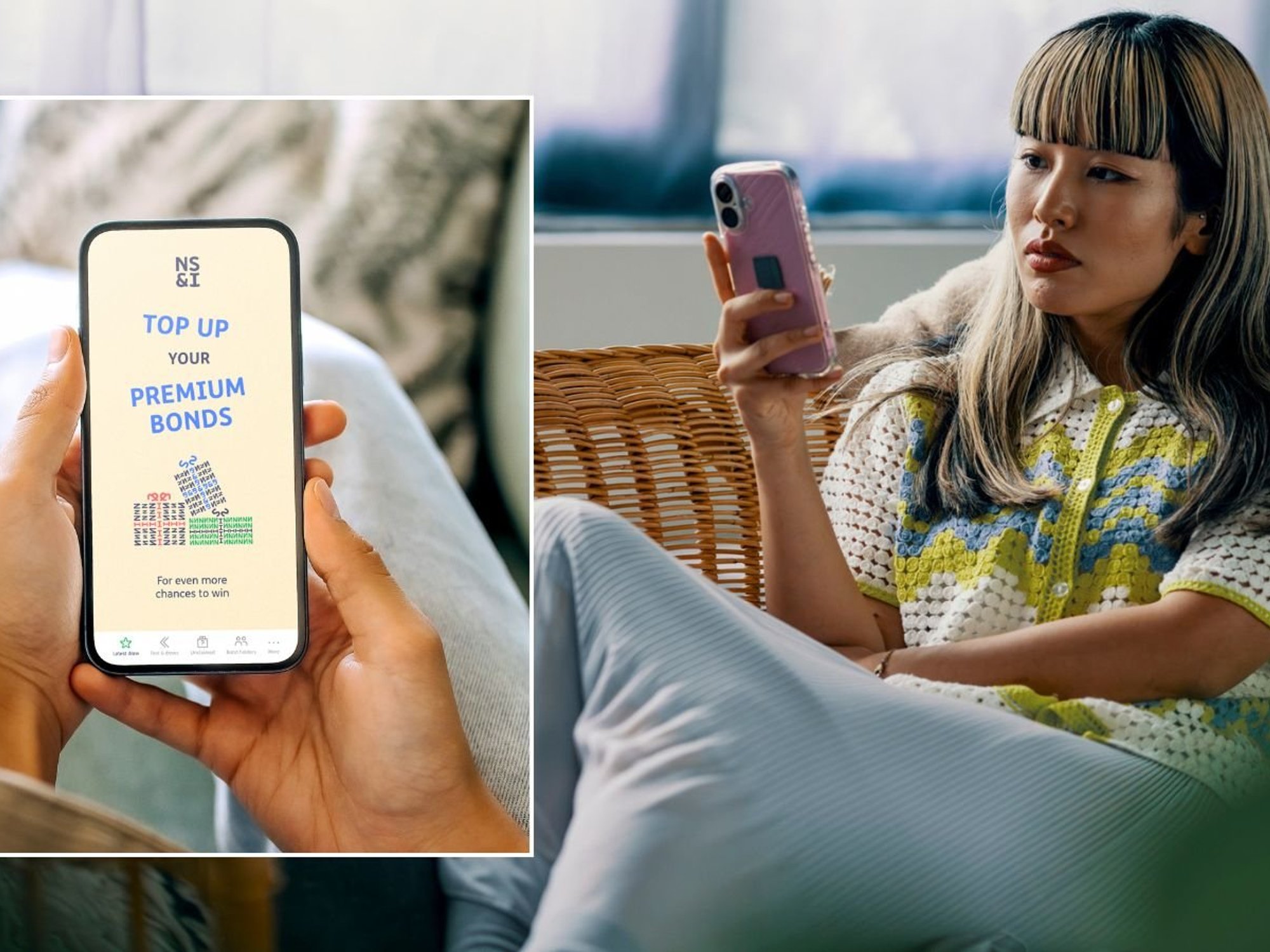 Woman on phone and Premium Bonds prize checker