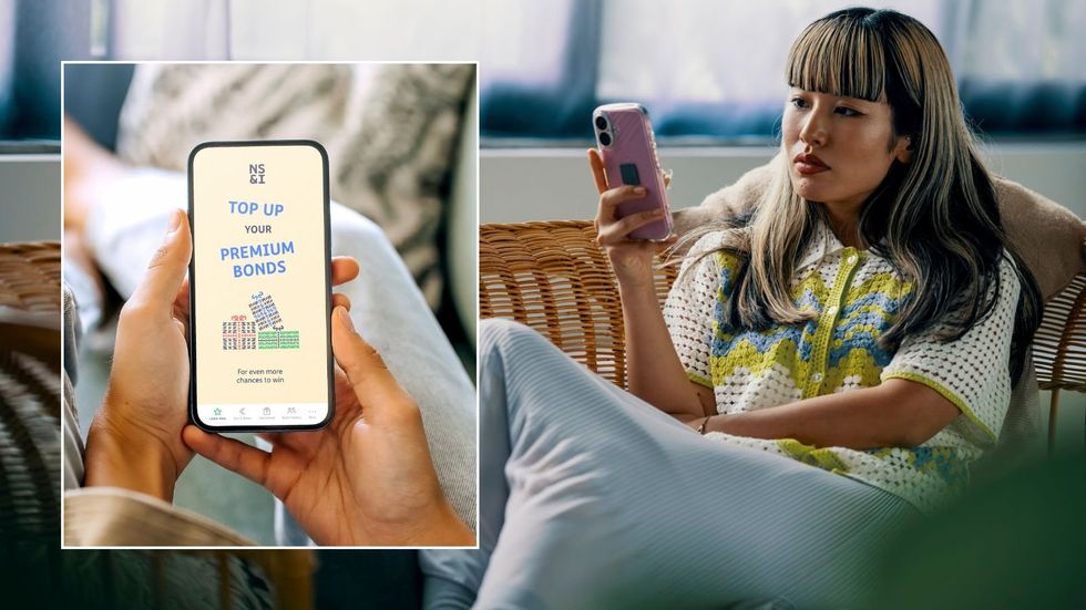 Woman on phone and Premium Bonds prize checker