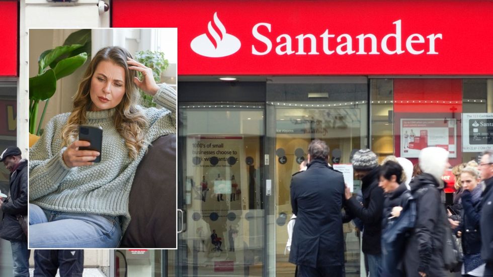 Woman on phone and Santander branch