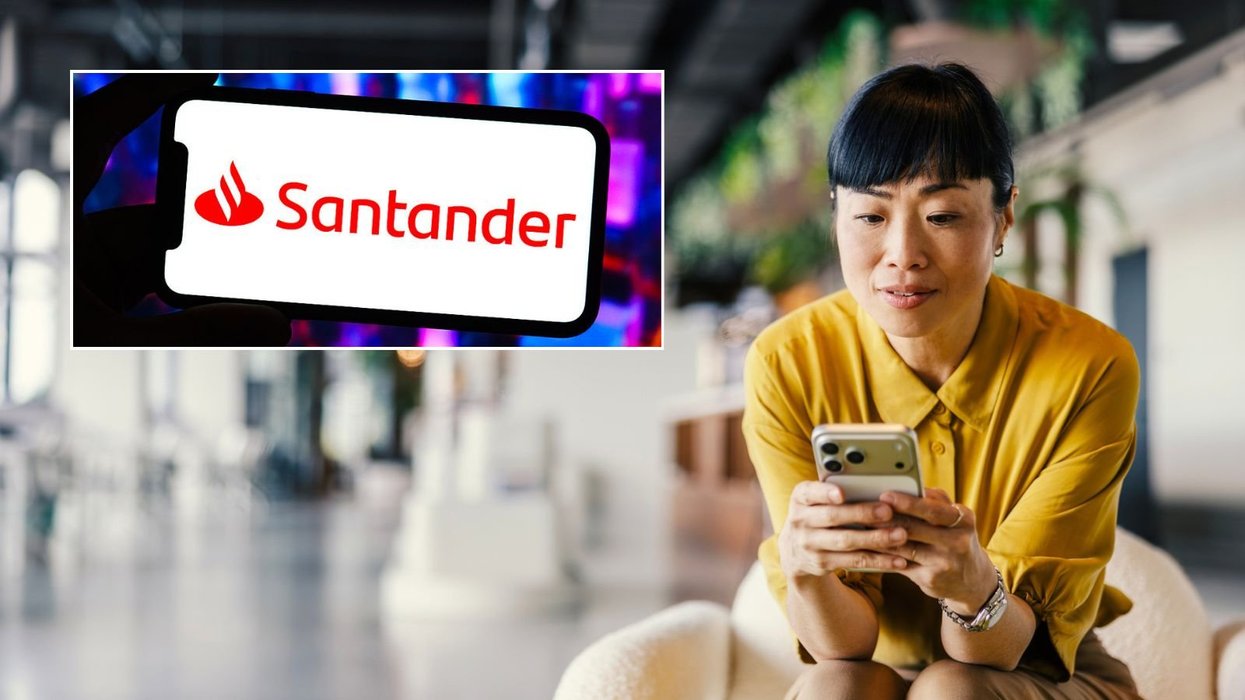 Woman on phone and Santander logo