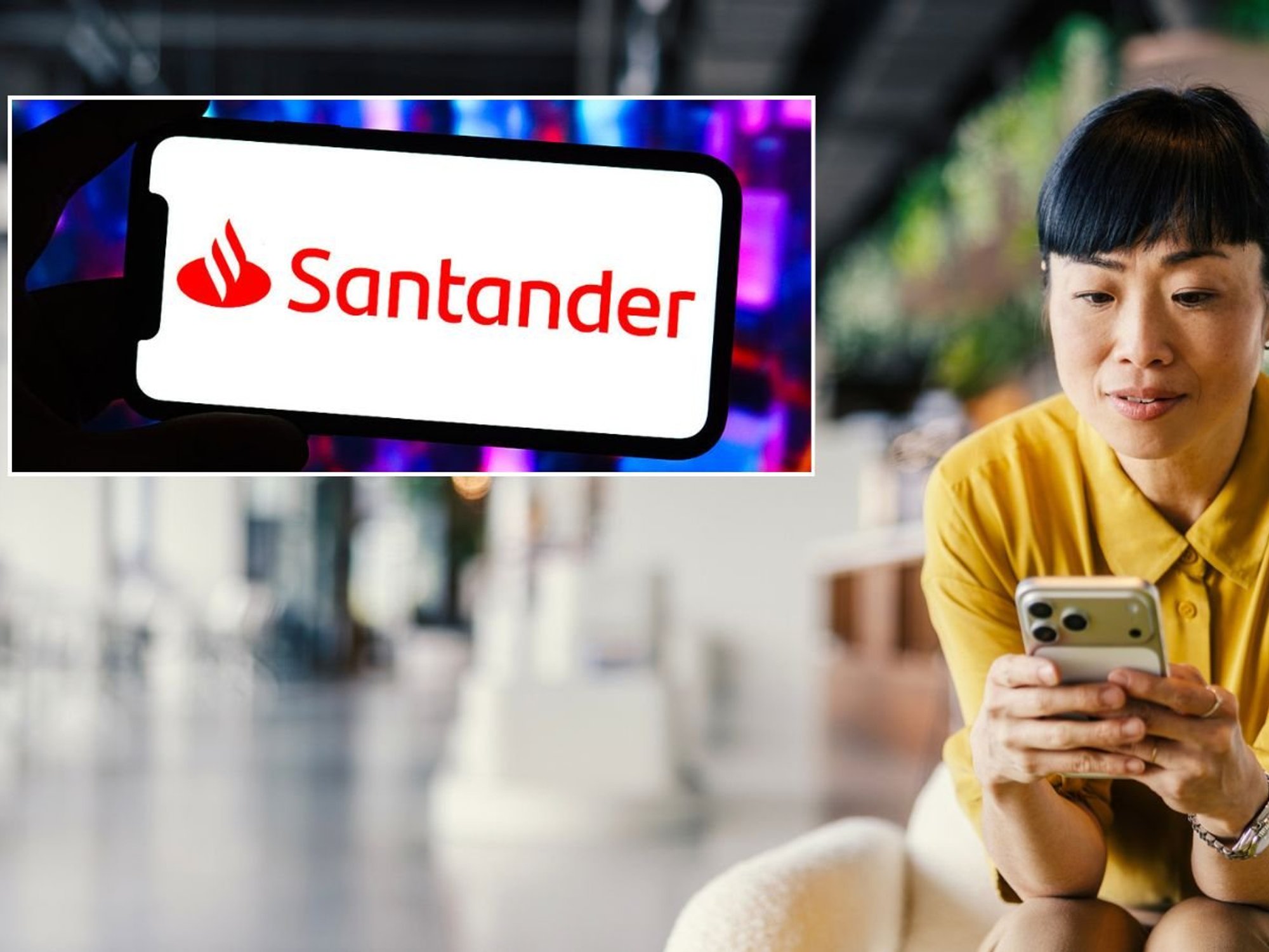 Woman on phone and Santander logo