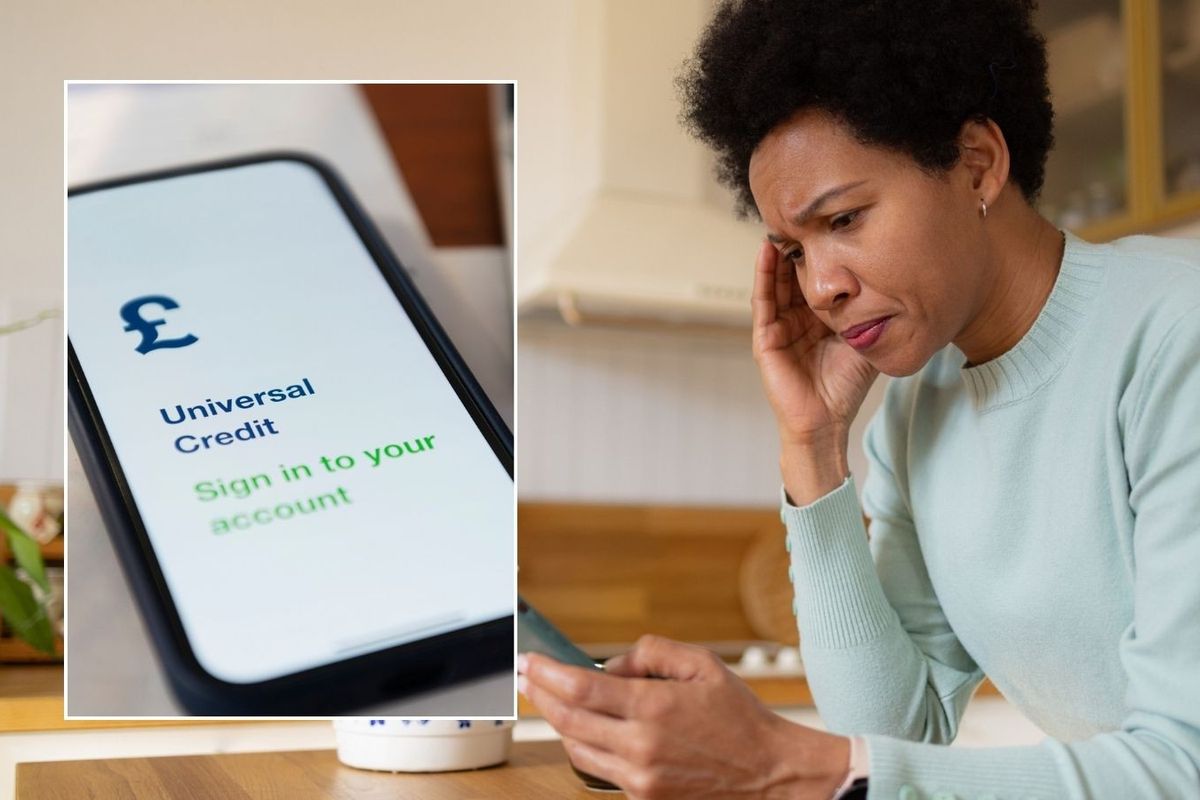 Woman on phone and Universal Credit sign