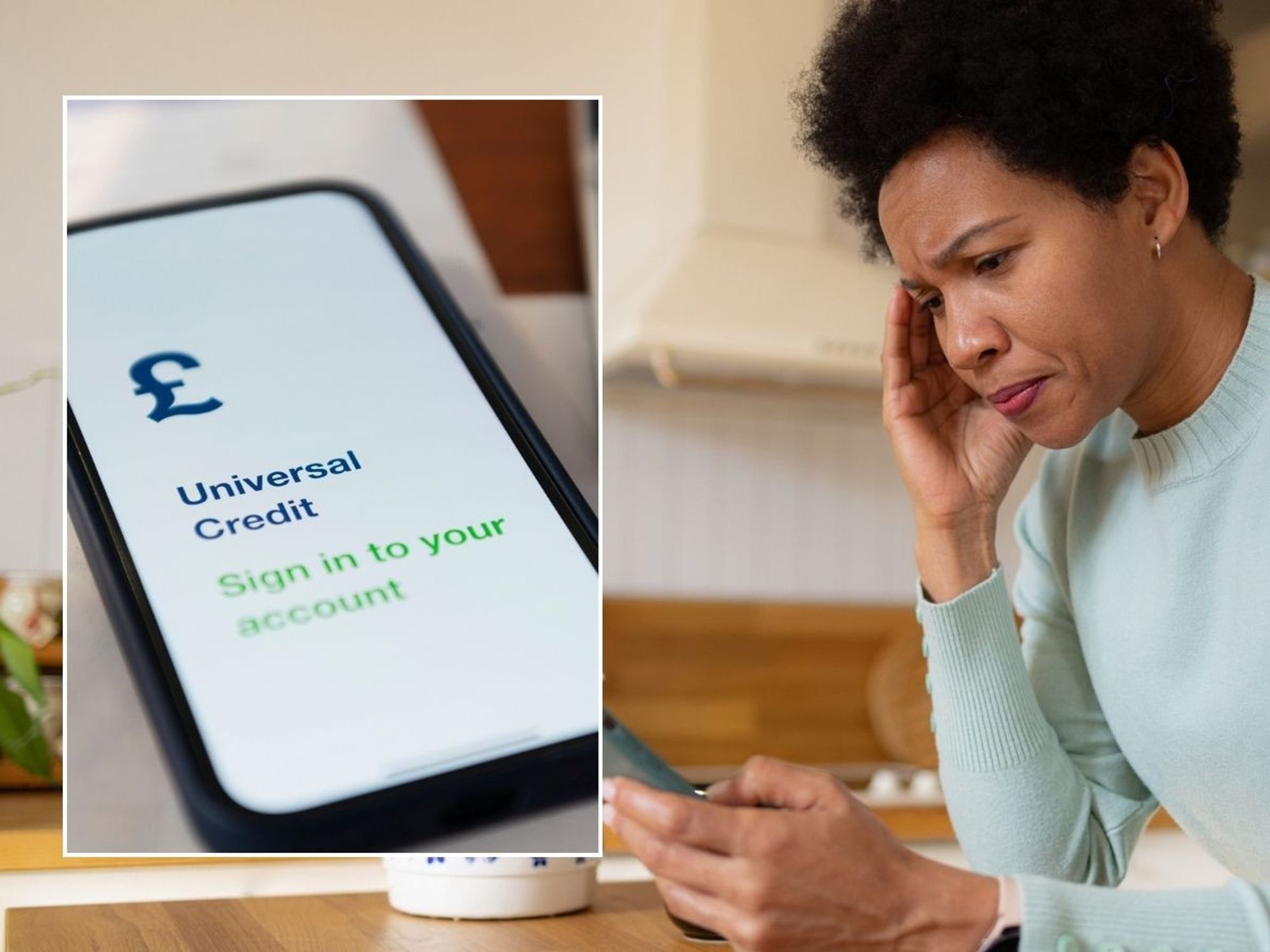 Woman on phone and Universal Credit sign