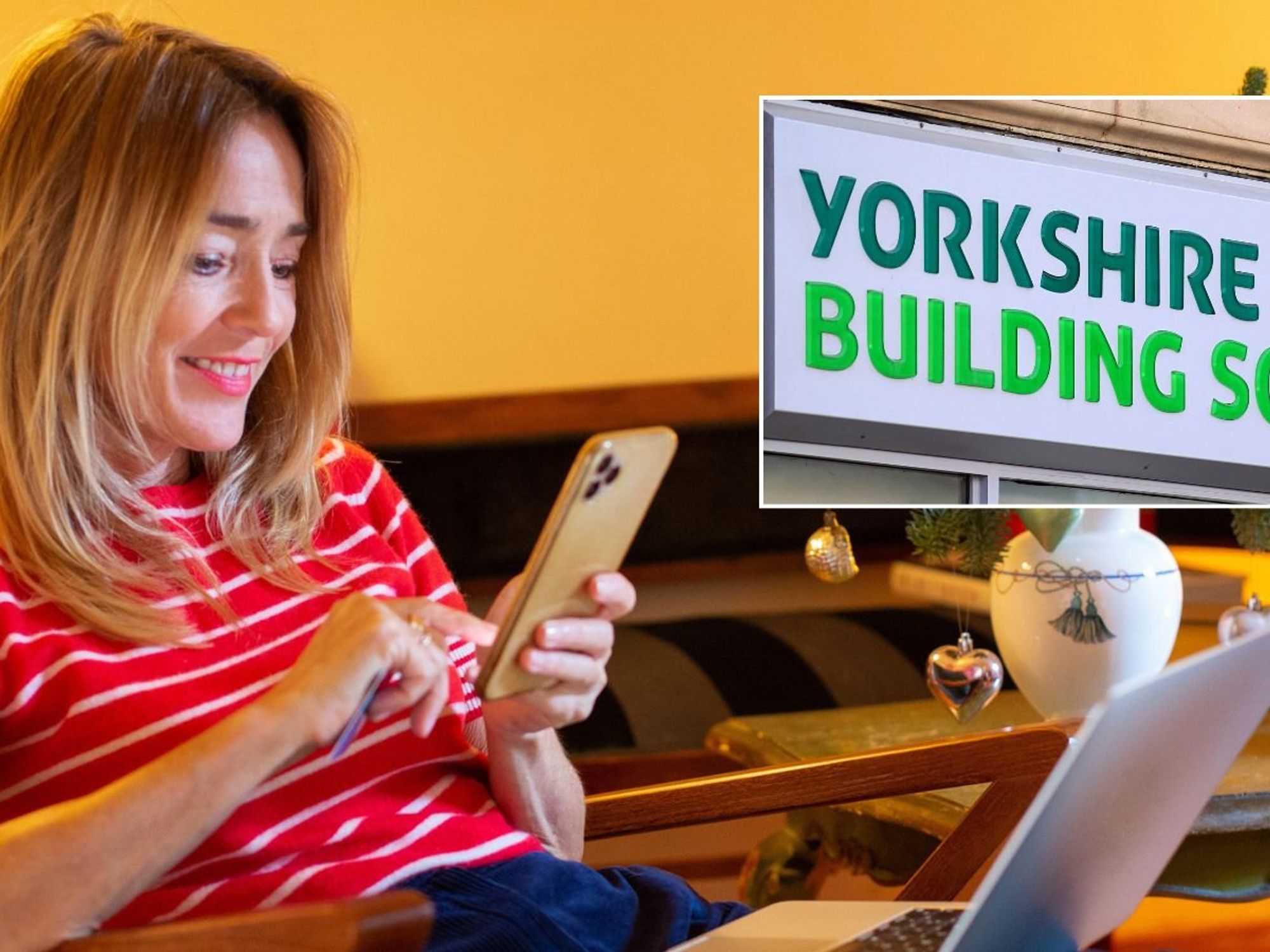 Woman on phone and Yorkshire Building Society logo