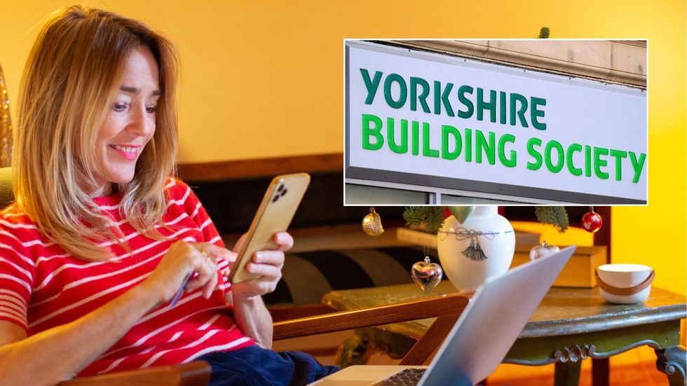 Woman on phone and Yorkshire Building Society logo