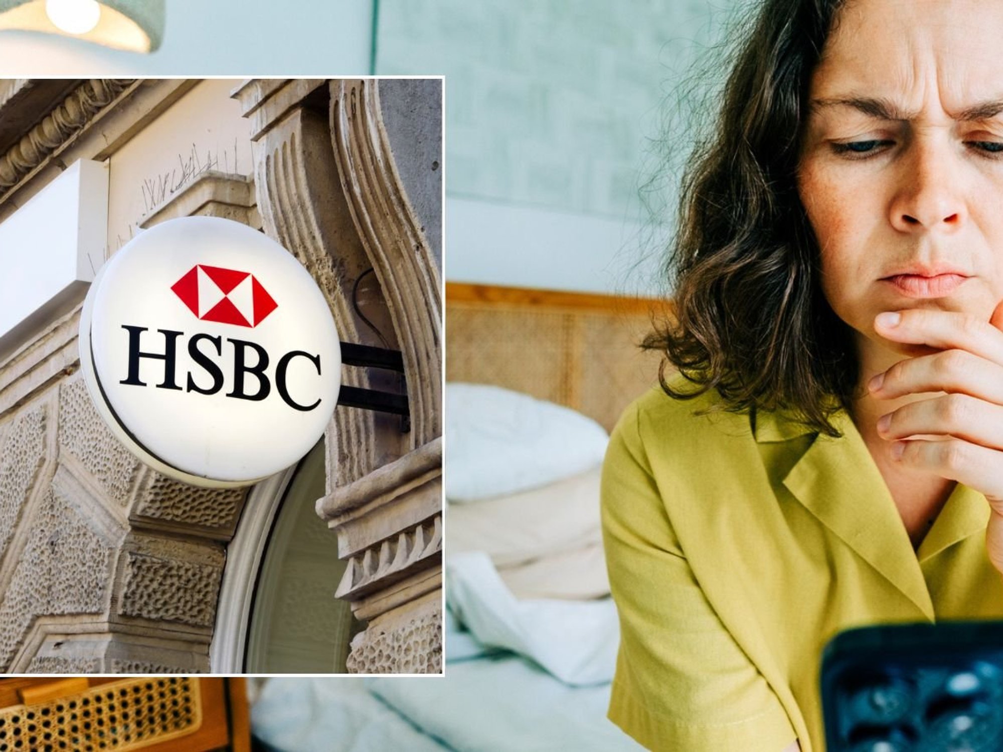 Woman on phpne and HSBC branch