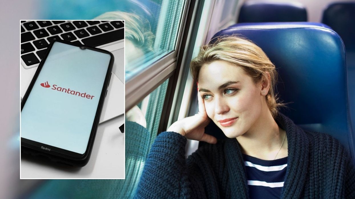 Woman on train and Santander logo