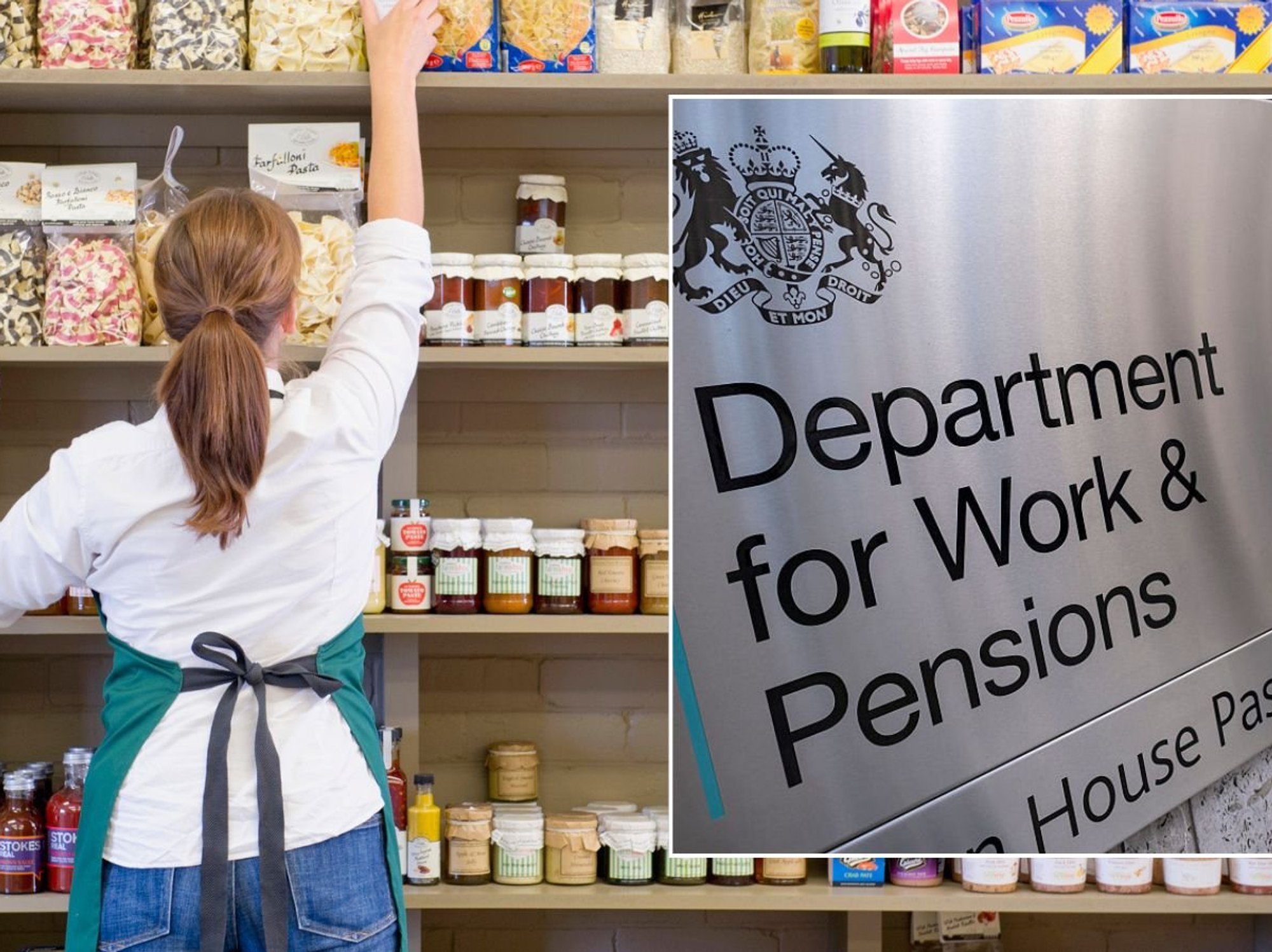 Woman packing shelves and DWP sign