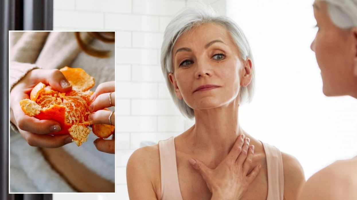 Woman peeling an orange / Woman examining her neck