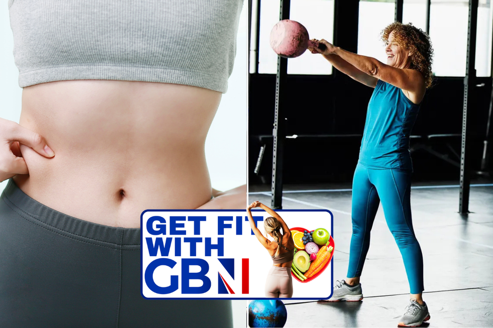 Woman pinching stomach / woman doing kettlebell swings