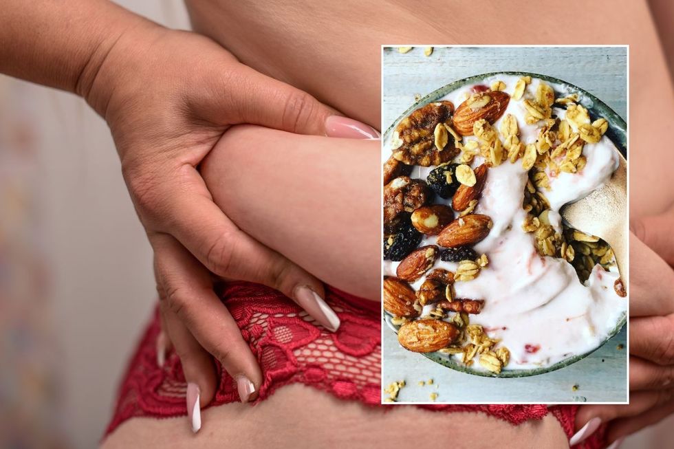 woman pinching waist / nuts and yoghurt in bowl