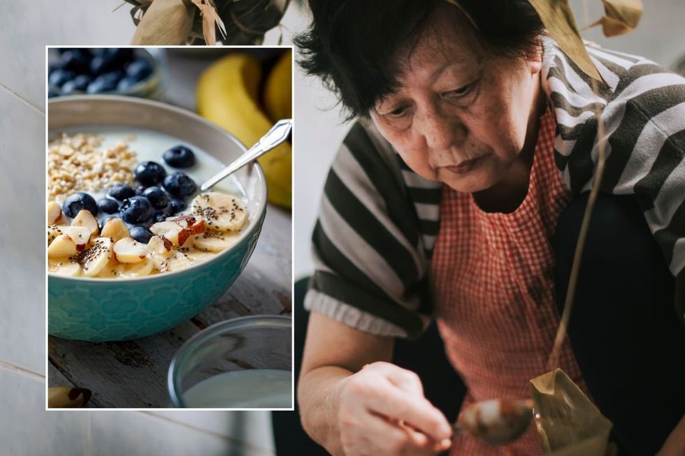WOMAN PREPARING FOOD - BREAKFAST BOWL