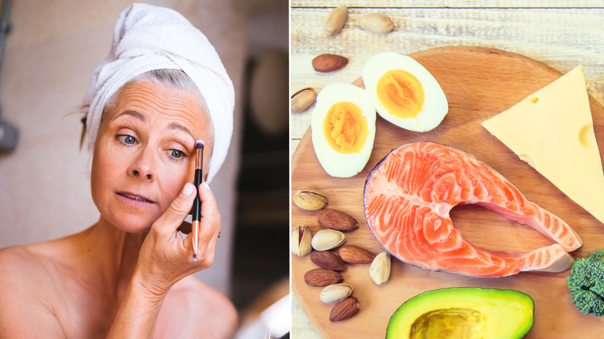 Woman putting make up on / high protein foods