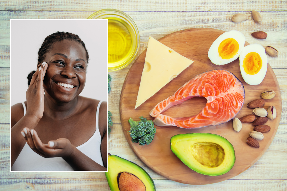 Woman putting on face cream / fatty foods