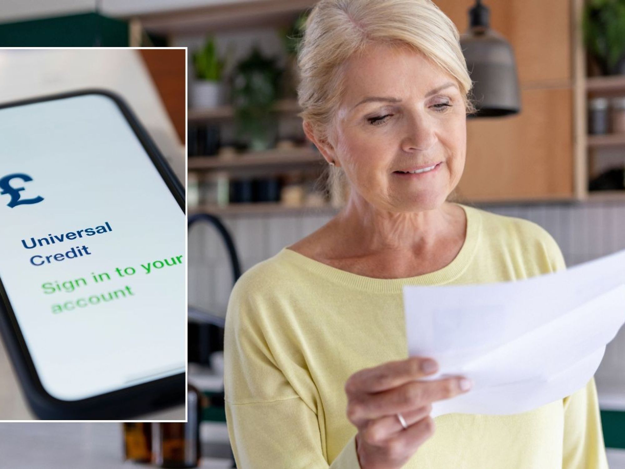 Woman sad and Universal Credit on phone