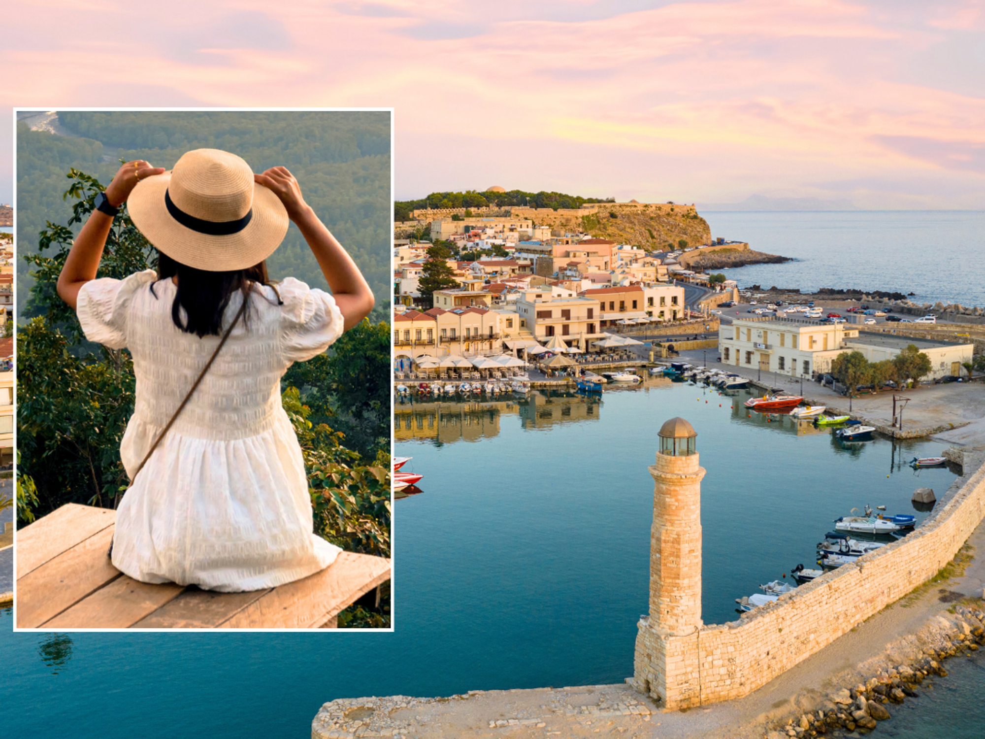 Woman sat holding hat / water in Crete