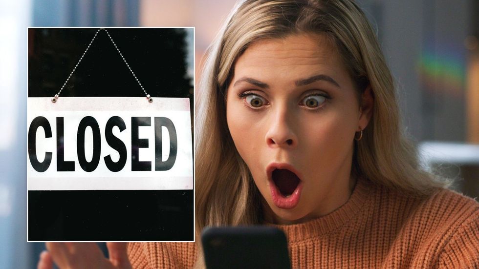 Woman shocked and closed sign