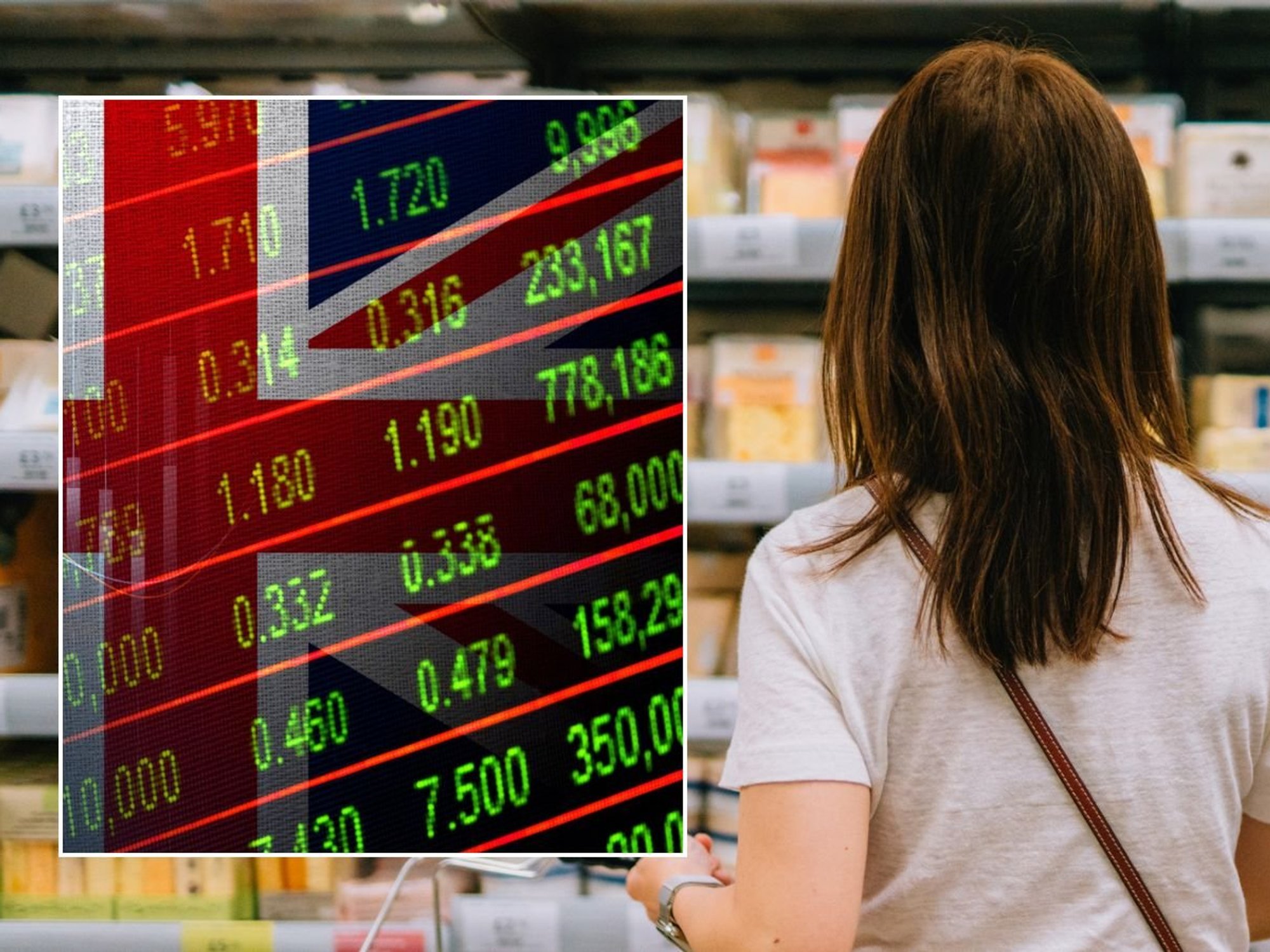 Woman shopping and UK economy graph